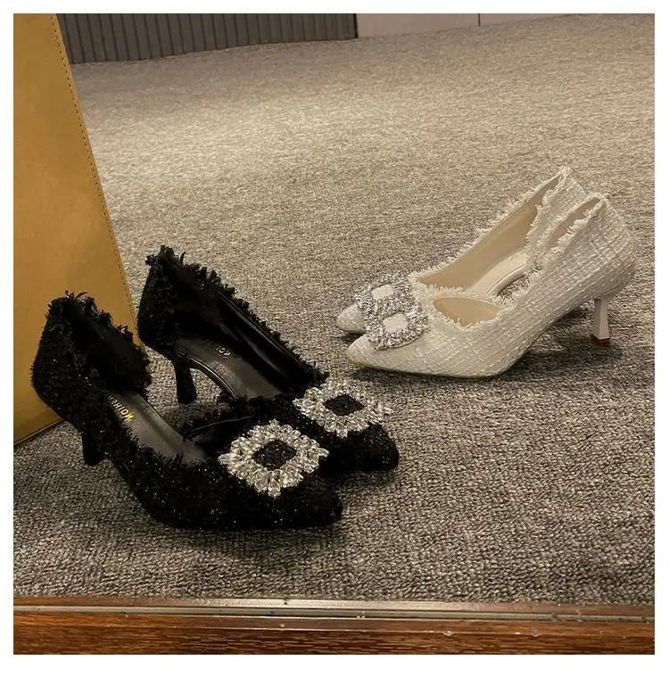Salto estilete para mulheres, sandálias de strass, botão quadrado, sapatos de casamento, moda feminina, branco, 2024