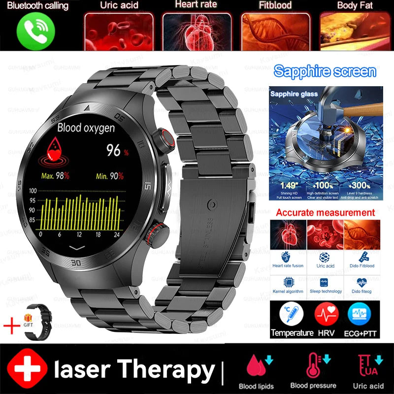 2025 novo tratamento a laser corpo e coração relógio inteligente masculino ecg + ppg ácido úrico gordura no sangue bluetooth chamada rastreador de saúde relógios inteligentes