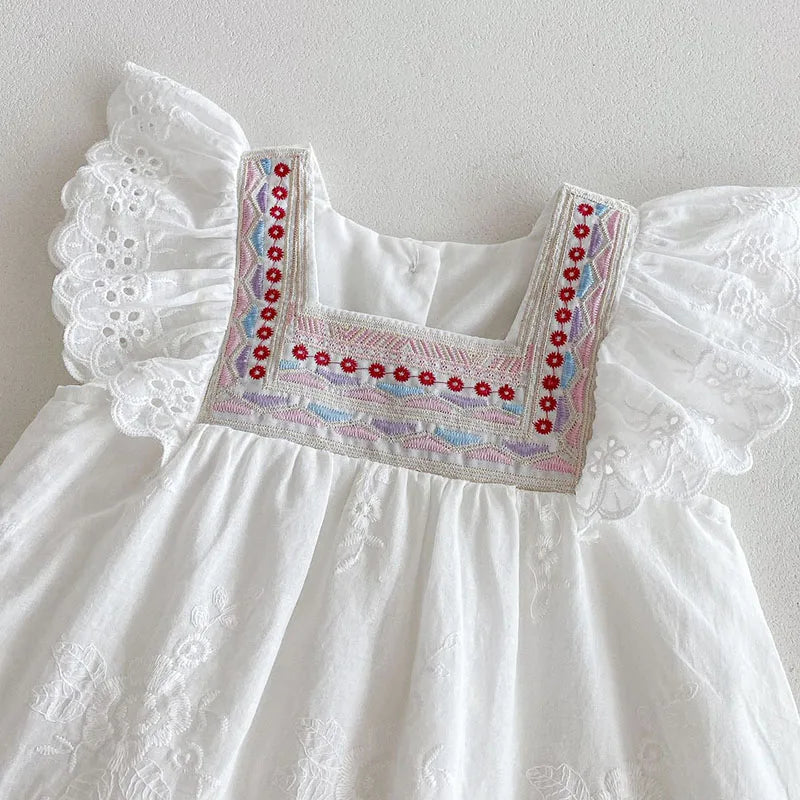 2025 novo verão crianças vestido 2-6 anos crianças vestidos de princesa manga voadora algodão bordado bebê menina vestido de festa irmã roupas