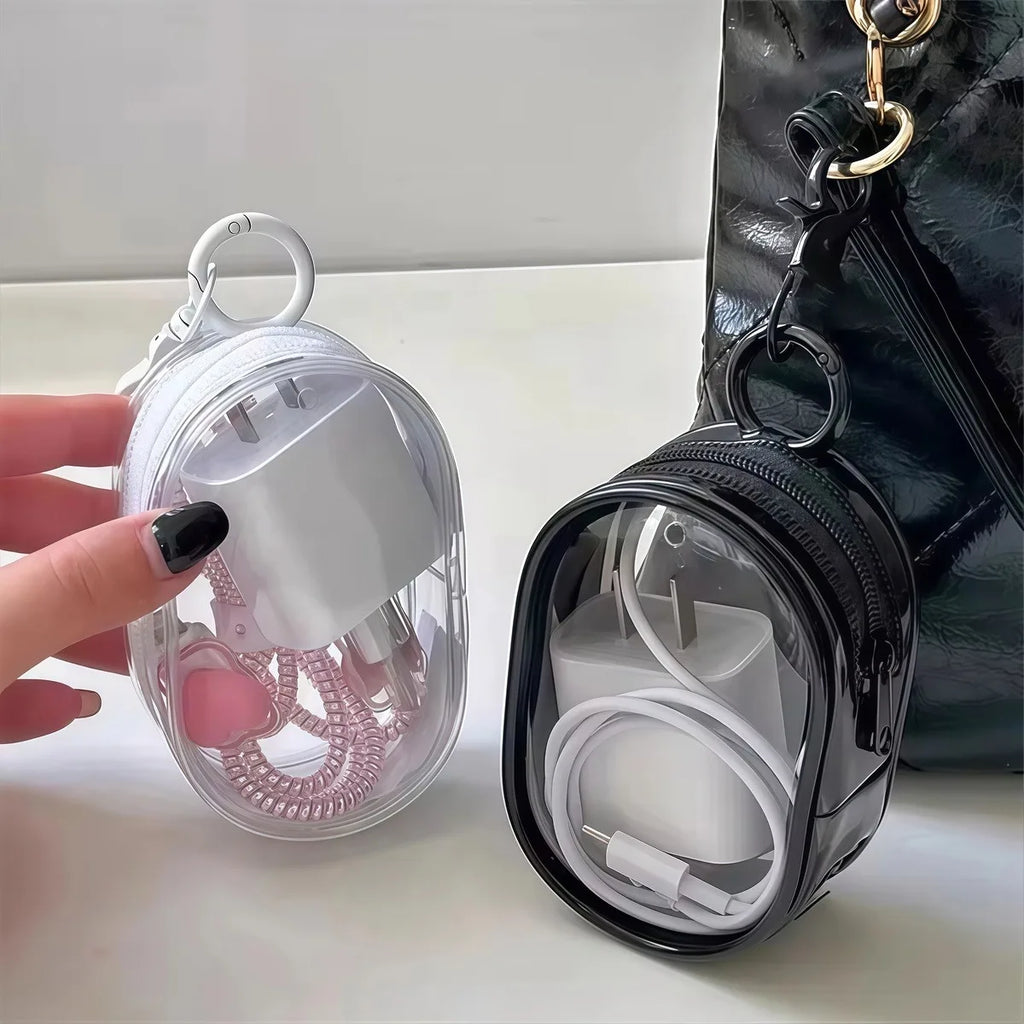 Mini saco de armazenamento com zíper transparente, chaveiro portátil, boneca de desenho animado, organizador de brinquedos para fones de ouvido, carregadores, cabo de dados, sacos de presente