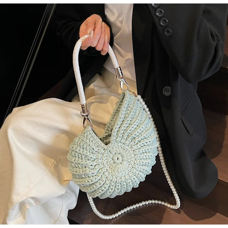 Criativo concha em forma de crochê feminino ombro sacos engraçado bonito pérolas correntes artesanal tecer crossbody saco novidade pequenas bolsas