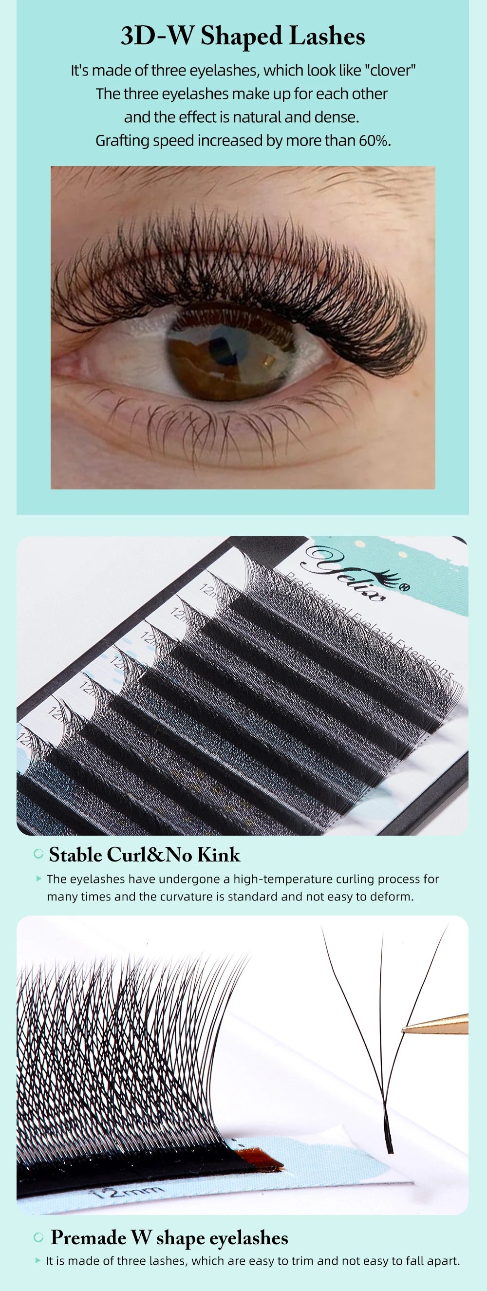 Yelix-W-Shaped Cílios Extensões, 3D, 3 Dicas e 6 Dicas, C Curl, D Curl, Individual Lash, Volume egípcio brasileiro, Mage Cílios, Alta Qualidade