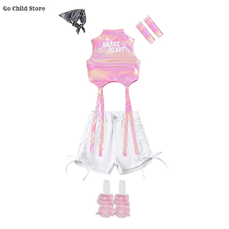 Meninas k-pop brilhante colheita superior calças de carga shorts de dança de rua crianças hip hop jazz conjuntos de roupas crianças streetwear menina grupo traje