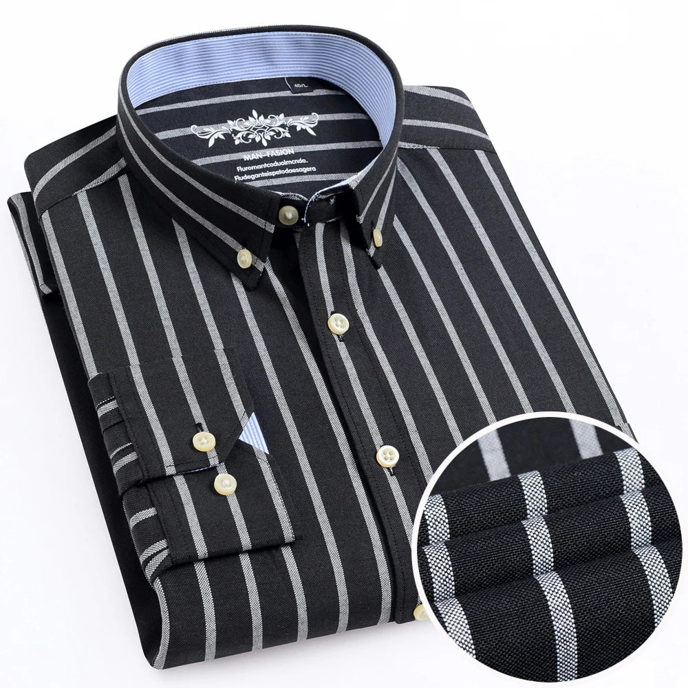 Camisa casual de trabalho listrada xadrez oxford de manga comprida masculina com bolso, camisas de botão de ajuste regular de mistura de algodão primavera outono