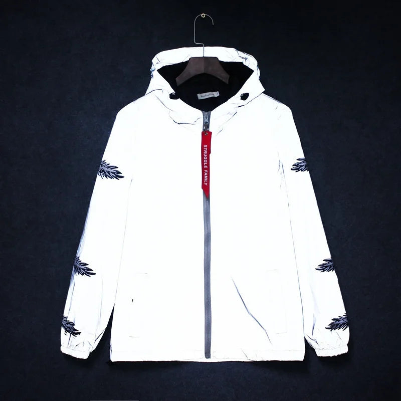 Jaqueta reflexiva completa masculina casual feminino blusão hip hop casaco com capuz à prova dwaterproof água impresso streetwear noite jaquetas brilhantes 5xl