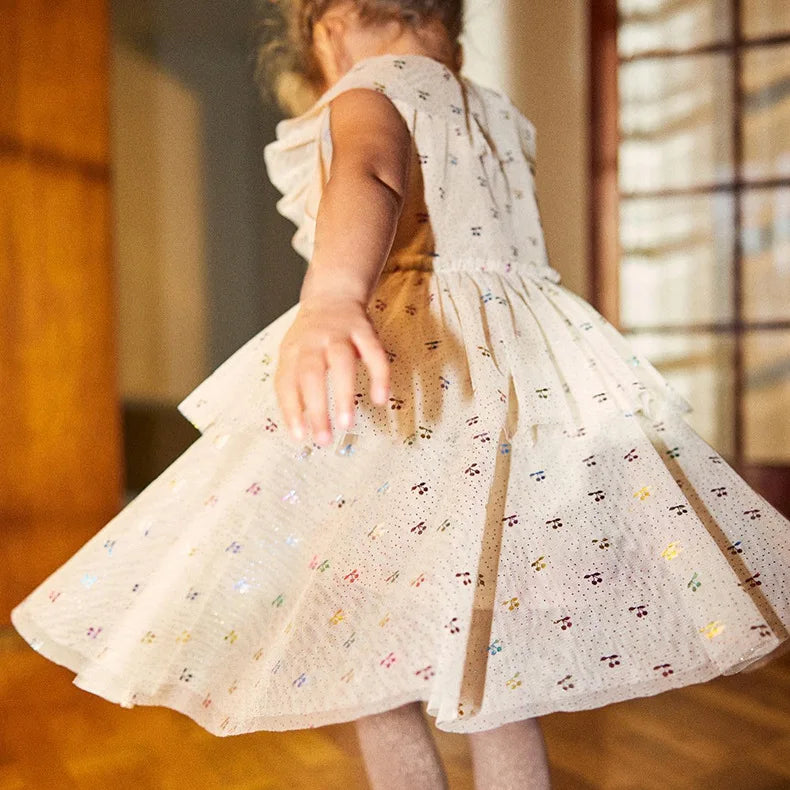 Verão ks bebê meninas cereja malha vestido crianças roupas meninas vestidos de princesa saias festa de natal manga longa vestidos