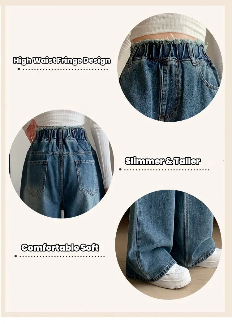Calças jeans de tamanho grande femininas trilha reta perna larga solta cintura alta fina renda borla calças superiores