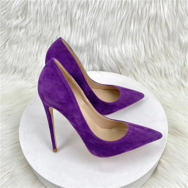 Estrela estilo camurça sapatos femininos de salto alto marca moda bombas sexy dedo do pé apontado 8cm 10cm 12cm confortável casamento roxo sapatos femininos