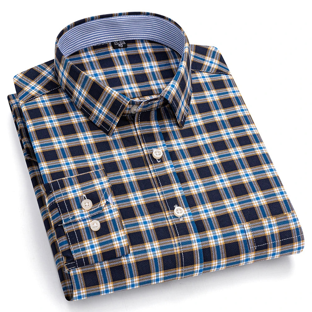 Camisas de vestido de algodão com design de gola de lapela listrada xadrez na moda masculina, camisa casual de manga comprida com botões para primavera/outono