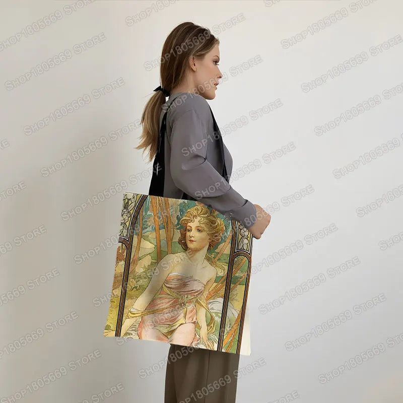 Alphonse Beauty Print Bolsa para Mulheres, Sacos De Compras De Armazenamento Reutilizável, Totes Casuais, Pintura A Óleo, Elegante Senhoras Tote