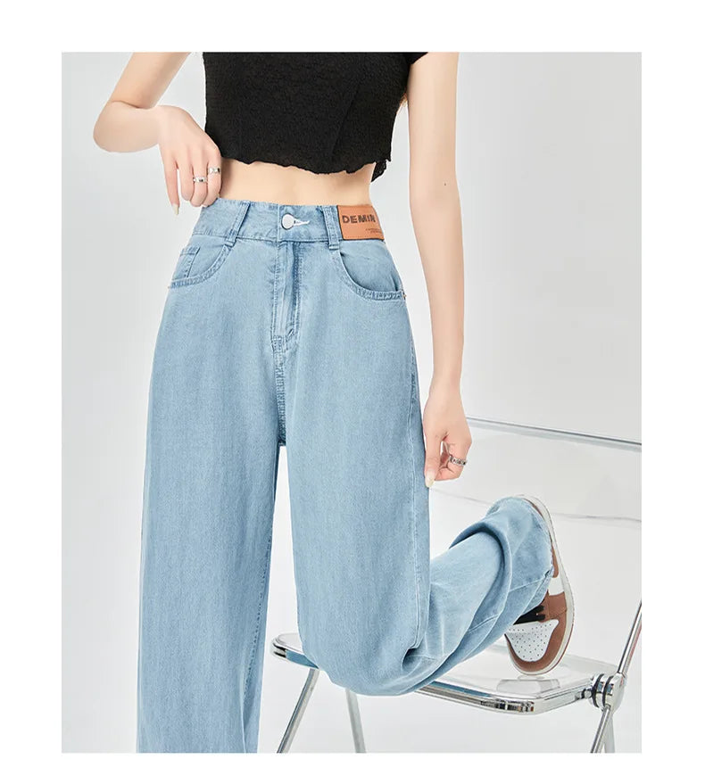 Jeans de cintura alta de seda gelo feminino, verão, azul, solto, perna larga, elegante, simples, lazer, todos os fósforos, diário, na moda, chique, moda coreana