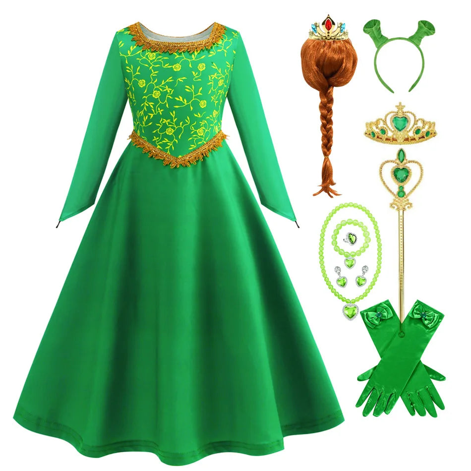 Fantasia fiona cosplay meninas vestido verde roupas dos desenhos animados monstro traje disfarce crianças role play roupas de halloween crianças