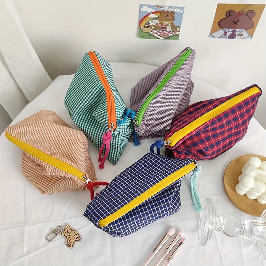 Venda quente feminino xadrez saco de maquiagem grande capacidade algodão zíper bolsa bolsa de viagem saco de maquiagem portátil simples bolsa saco de cosméticos