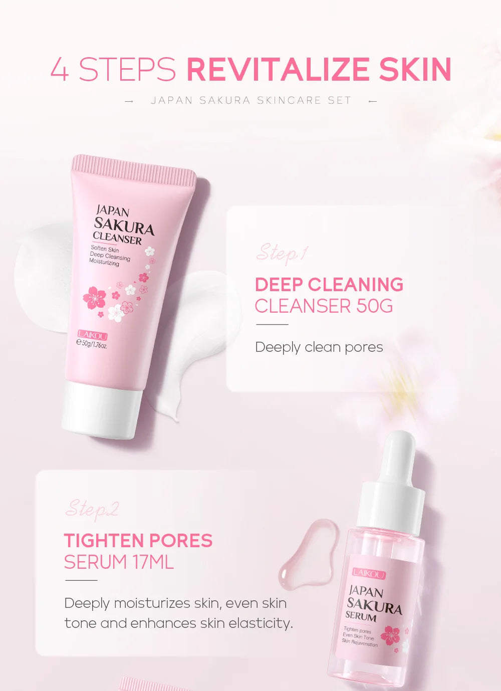 Conjuntos de cuidados com a pele Laikou Sakura com limpador, sérum, creme para os olhos, creme essencial, produtos de beleza para mulheres, presente de Natal.