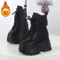 12cm outono plataforma botas de tornozelo feminino sapatos grossos rendas tênis mulher botas de couro sapatos de caminhada