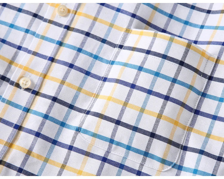 Camisas de vestido de algodão com design de gola de lapela listrada xadrez na moda masculina, camisa casual de manga comprida com botões para primavera/outono