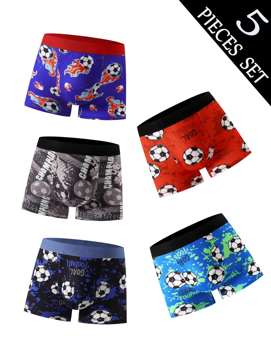 Conjunto Misto de 5 Peças de Cuecas Infantis com Estampa de Futebol, Macio e Confortável, Adequado para Alunos do Ensino Fundamental, Uso Casual em Casa e Esportes, para Crianças de 4 a 8 Anos