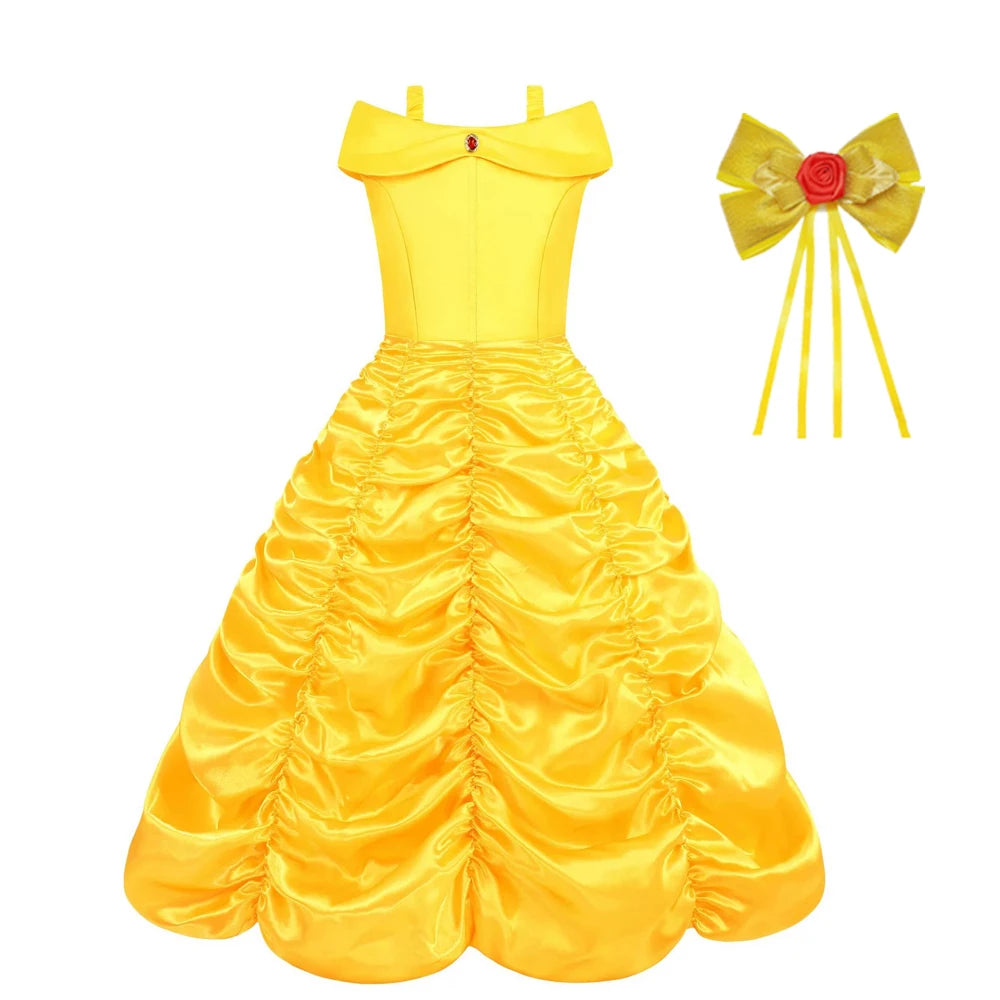 Belle traje menina princesa vestido amarelo halloween bela e a fera trajes meninas festa de aniversário crianças roupas vestido
