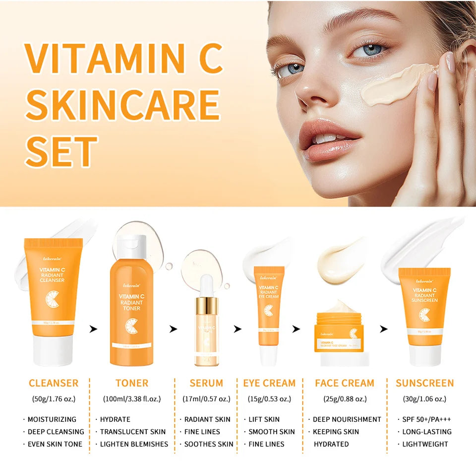 Lakerain vitamina c conjunto de cuidados com a pele 6 pçs kit creme de clareamento manchas escuras soro círculo escuro olho hidratante facial kits de clareamento