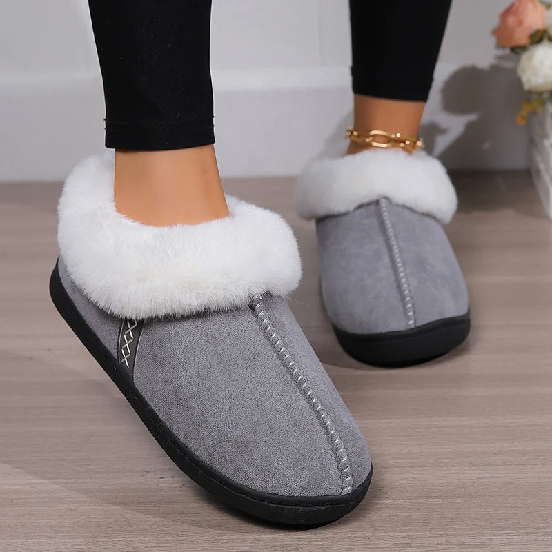 Inverno quente interior flurry chinelos feminino camurça do falso dedo do pé fechado casal chinelos mulher conforto sola macia casa slides mujer
