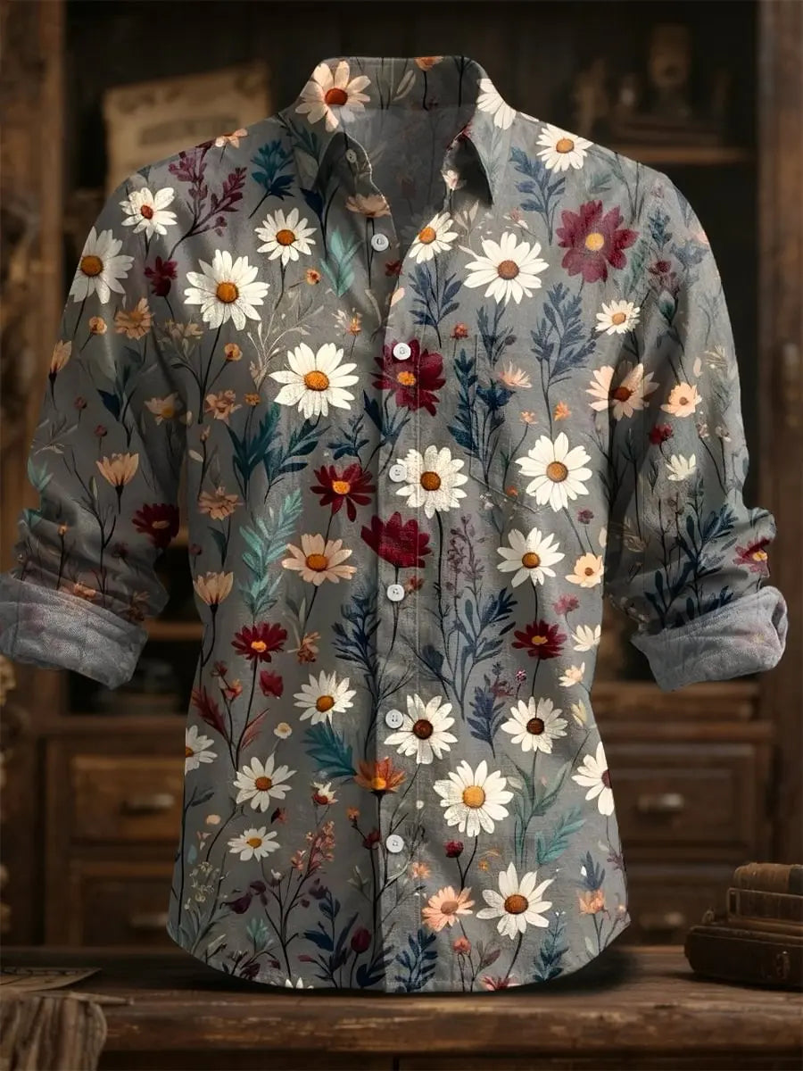 2025 primavera/verão moda masculina linho manga longa camisa de linho, impressão elegante, design de flor requintado
