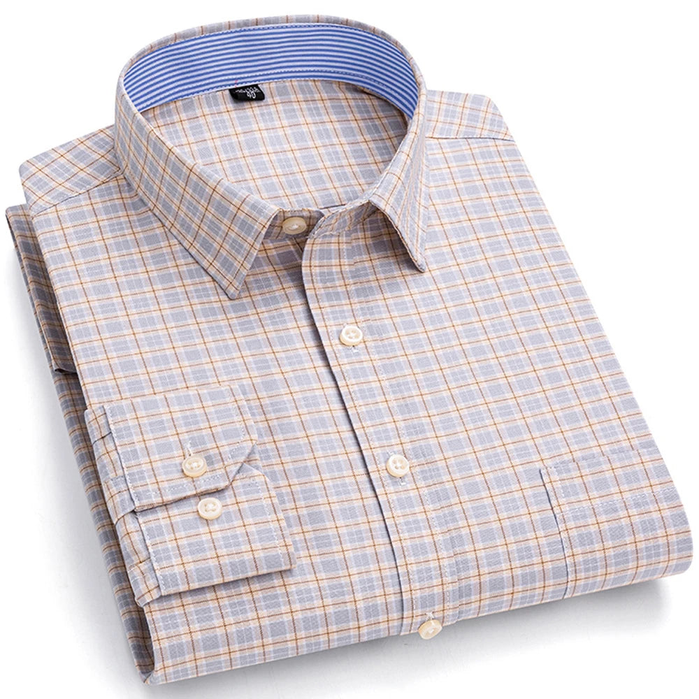 Camisas de vestido de algodão com design de gola de lapela listrada xadrez na moda masculina, camisa casual de manga comprida com botões para primavera/outono