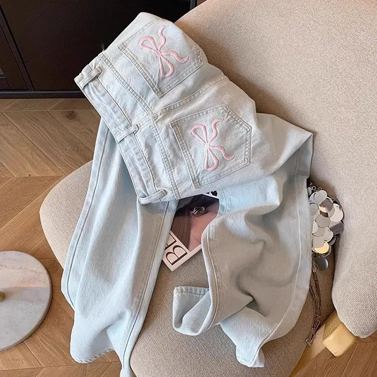 Mulheres casual solto ajuste jeans calças relaxadas cintura alta perna larga lavagem leve bordado plus size conforto jeans feminino