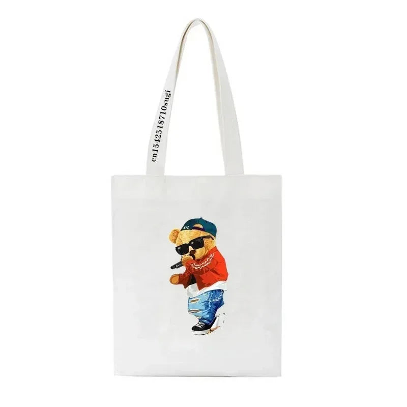 Moda urso impressão eco mulheres sacos de ombro bolsa feminina lona saco de compras casual grandes senhoras viagem totes sacos