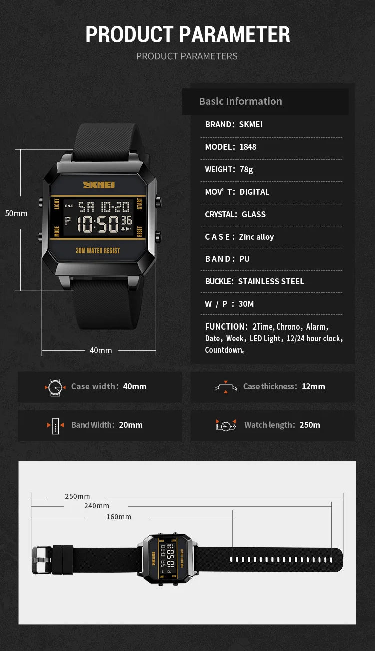 Skmei 2time led luz entusiasta jovem à prova dwaterproof água digital esporte relógios masculino data alarme nova moda relógio de pulso reloj hombre