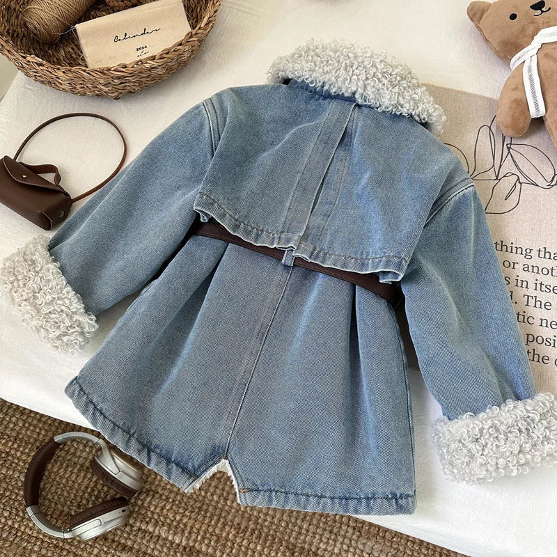 Inverno meninas grosso demin casacos bebê mais veludo quente outerwear com cinto crianças princesa projetado jaquetas longas crianças roupas