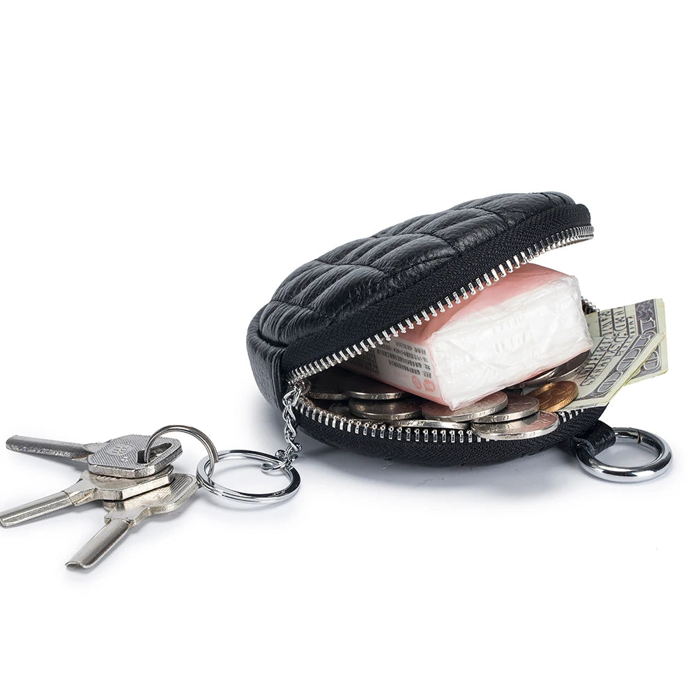 Mini porta-moedas de couro real para mulheres, carteira de costura de diamante mini organizador, bolsa de dinheiro pequena para chaves e fone de ouvido