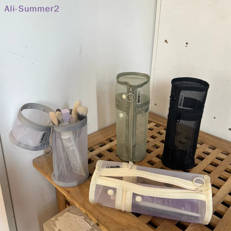 {Summer2} 【Summer2】Bolsa de armazenamento para pincéis de maquiagem, de malha, de dupla utilização, portátil, simples, de grande capacidade, suporte para pincéis