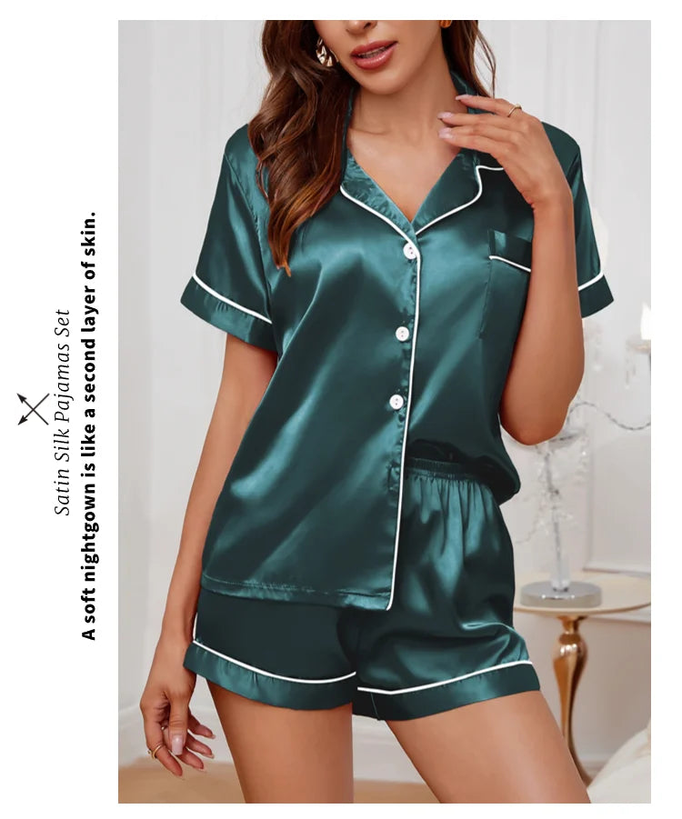 Conjunto pijama cetim feminino, pijama de manga curta, blusa e shorts de lapela, pijama de botão, roupas domésticas