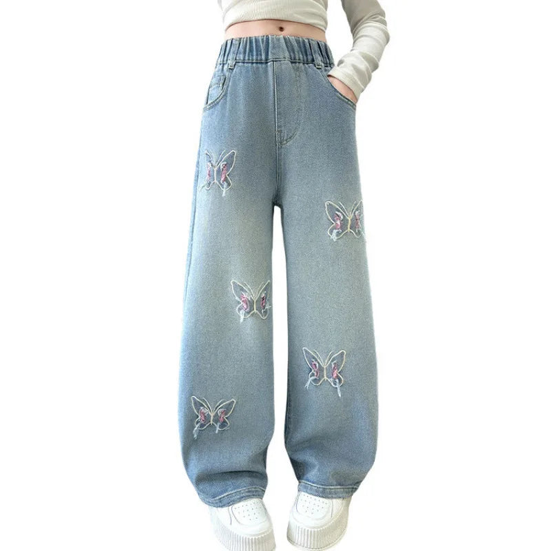 Coreano menina perna larga jeans com lindas borboletas crianças cintura alta solta calças jeans adolescente casual jeans crianças
