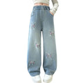 Coreano menina perna larga jeans com lindas borboletas crianças cintura alta solta calças jeans adolescente casual jeans crianças