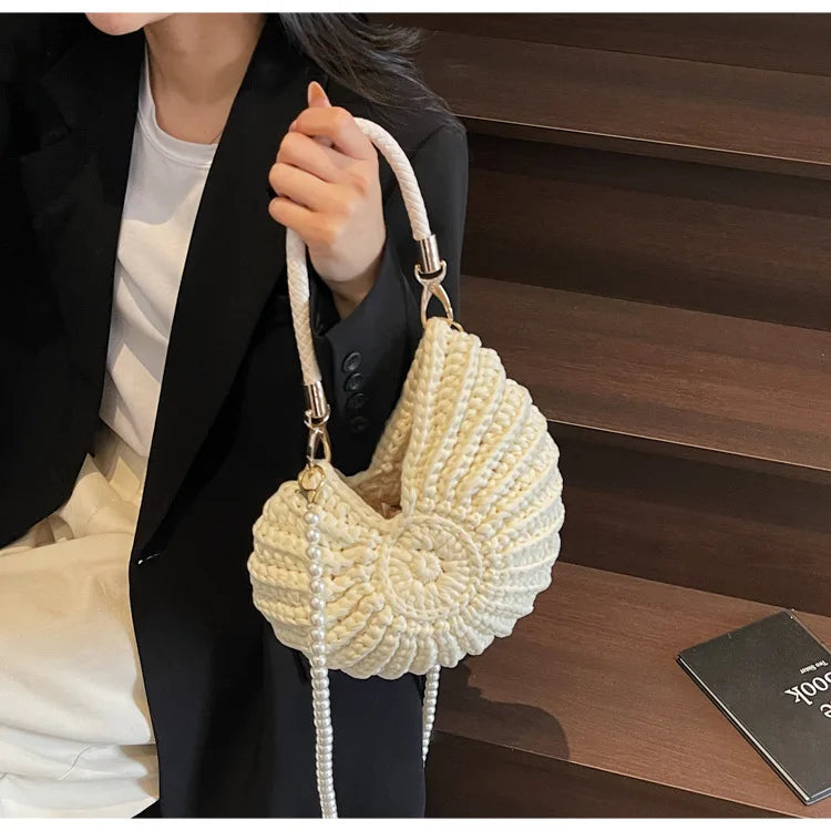 Criativo concha em forma de crochê feminino ombro sacos engraçado bonito pérolas correntes artesanal tecer crossbody saco novidade pequenas bolsas