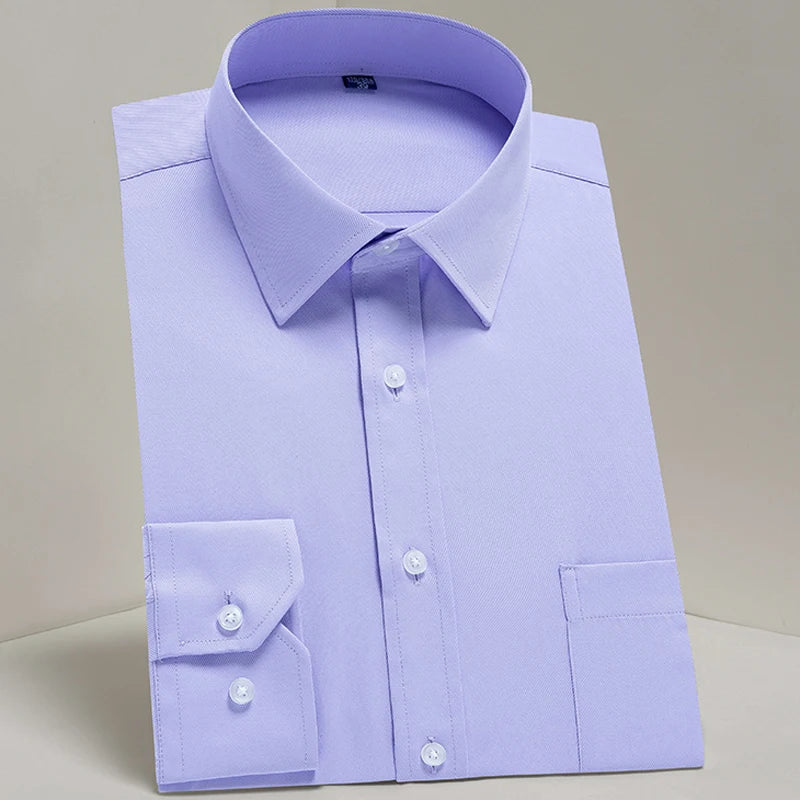 Camisas sociais masculinas clássicas de manga comprida, ajuste padrão, formal, negócios, social, simples, design básico, branco, trabalho, escritório, camisa casual