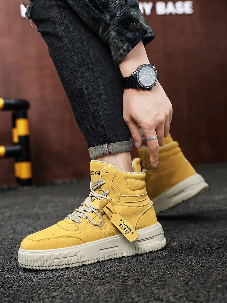 Sapatos masculinos de cano alto de inverno, sapatos esportivos casuais de couro, roupas de trabalho retrô, sapatos esportivos casuais versáteis e modernos