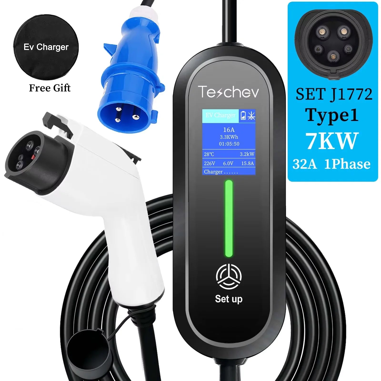 220v portátil ev carregador type2 iec 62196 carregador de carro elétrico 3.5kw 16a 1 fase evse carregamento rápido wallbox ev estação de carregamento