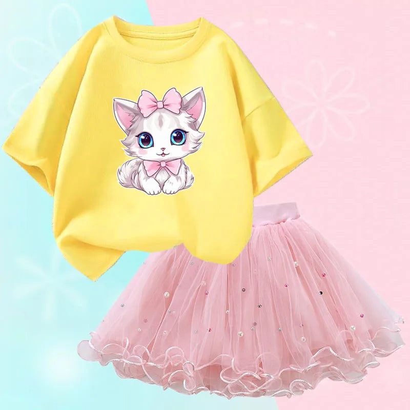 Roupas de verão para meninas, camiseta fofa de gato e saia tutu de malha, conjunto de duas peças, roupas coreanas para crianças de 3 a 14 anos