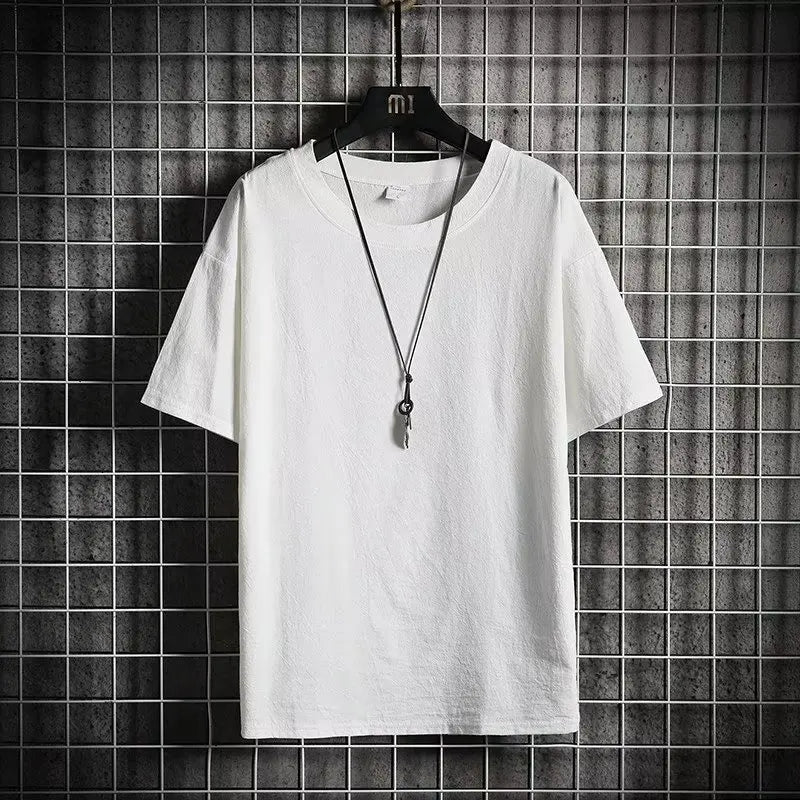Camiseta de Linho de Manga Curta Masculina, Nova Camiseta de Algodão e Linho Solta para o Verão, Camiseta de Cor Sólida