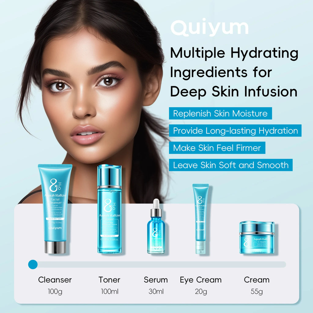 QUIYUM 8X H2O AquaVitalize Skincare Set 5PCS Kit de hidratação profunda Rugas Suavização Tratamento de aperto Conjunto de presente