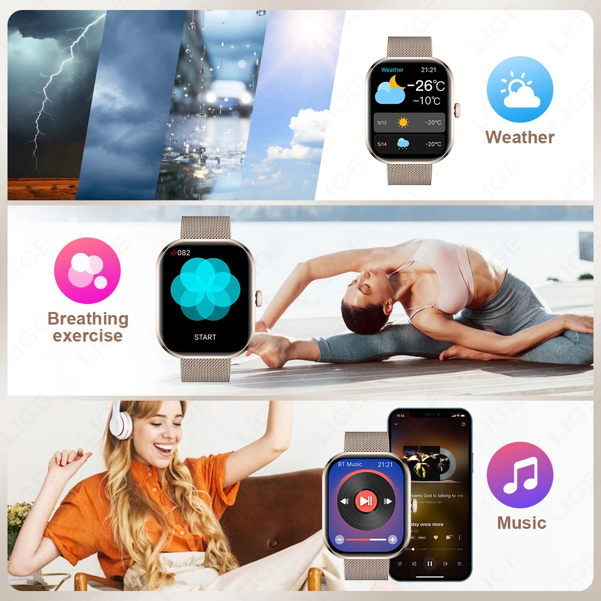 Lige 2.01 "tela hd relógio personalizado rosto relógio inteligente feminino à prova dwaterproof água esporte senhoras relógios bt chamada monitor de saúde feminino smartwatch