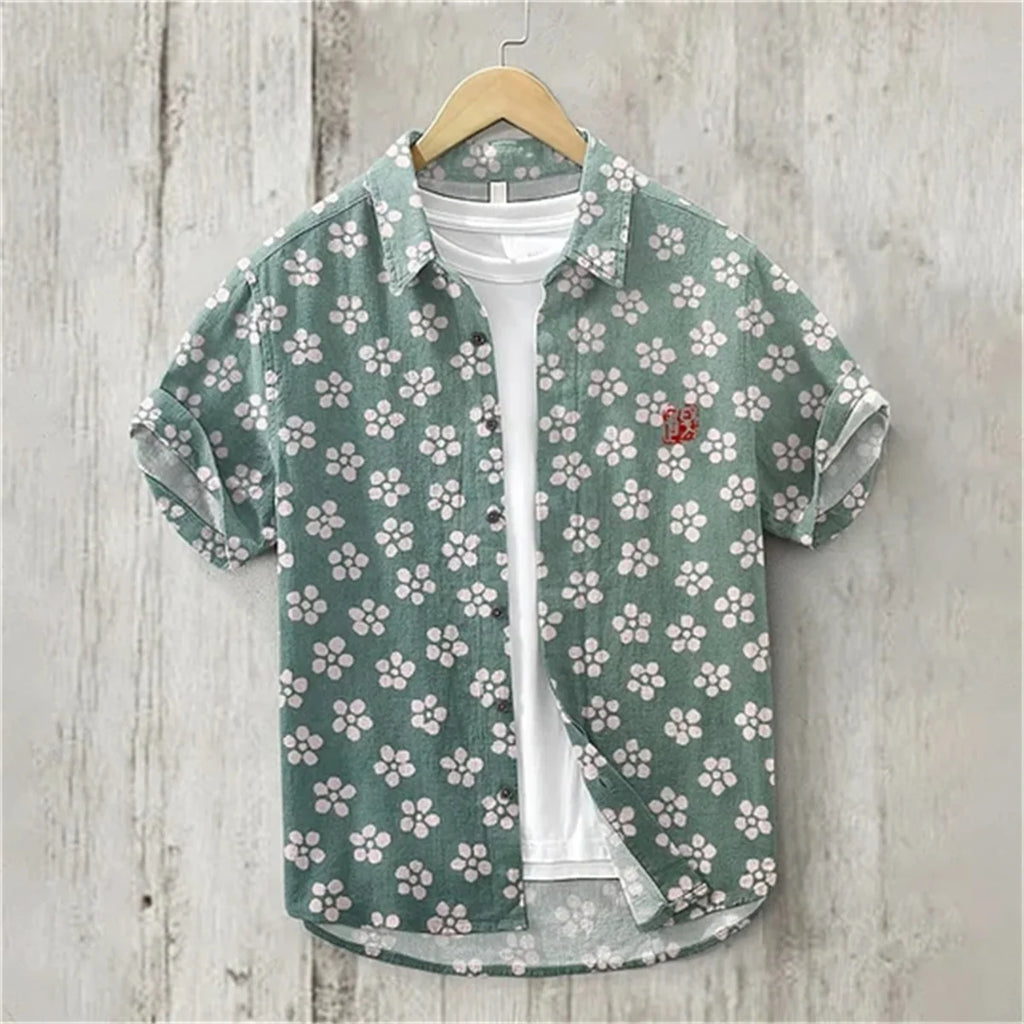 Camisa de linho masculina, texto retrô, arte japonesa, impressão 3D, manga curta, peito único, lazer, férias, top de praia, Havaí