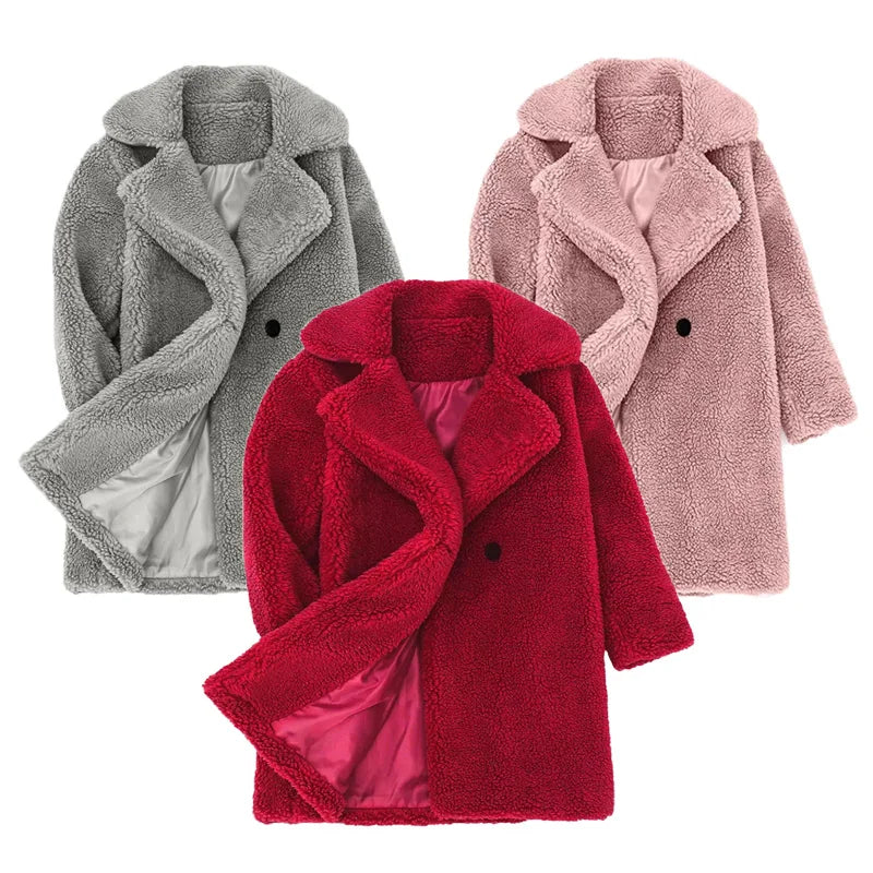 Bebê meninas casacos de pele do falso crianças inverno quente jaquetas de pelúcia crianças turndown colarinho acolchoado outerwear infantil casual roupas exteriores