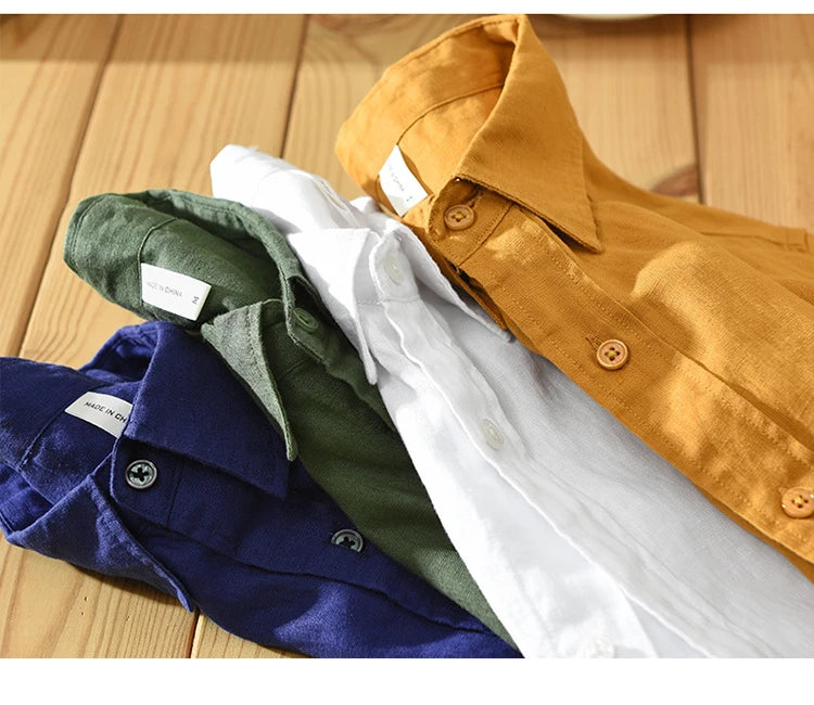 Camisa de linho de manga curta masculina, camisa respirável solta, camisa casual artística, monocromática, verão