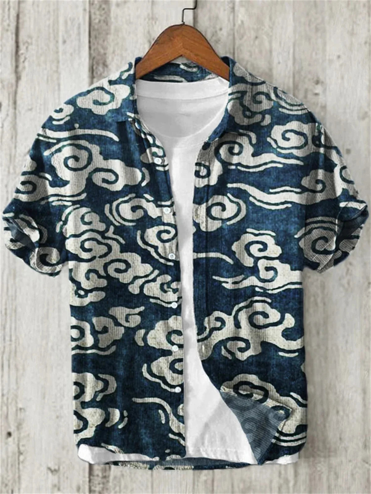 Camisa de linho masculina, texto retrô, arte japonesa, impressão 3D, manga curta, peito único, lazer, férias, top de praia, Havaí
