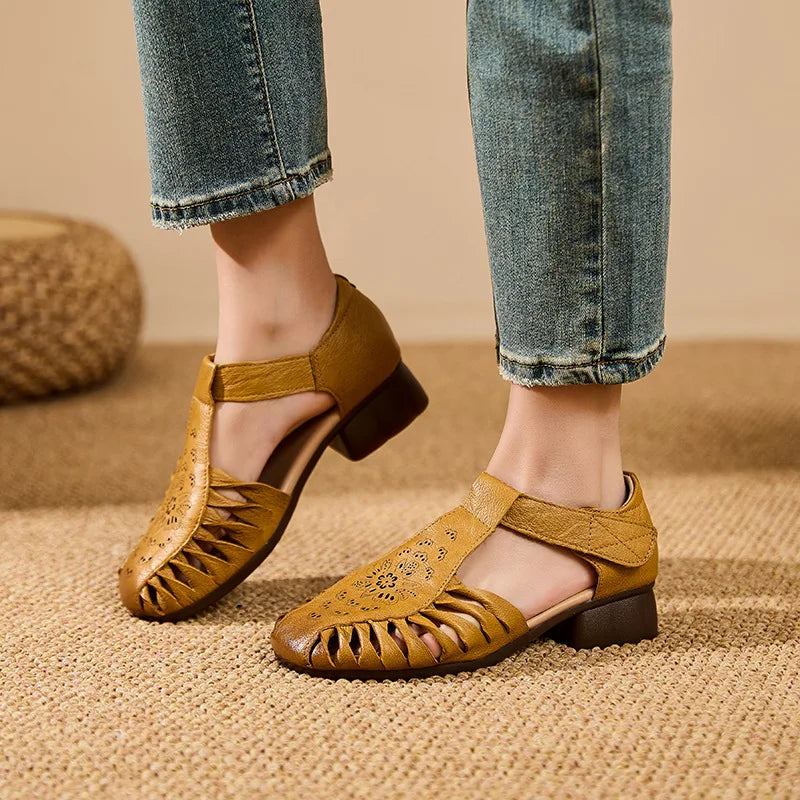 Sandálias gladiadoras de dedo fechado romano vintage para mulheres salto baixo luxo t-cinta recorte design respirável conforto sapatos ocos