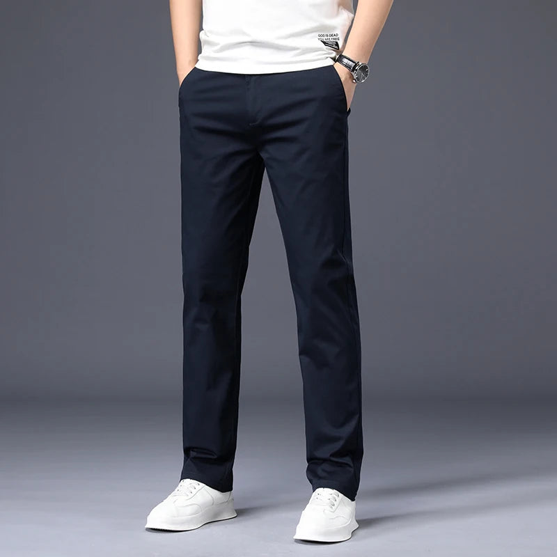 Calças masculinas de algodão casual estiramento calças masculinas homem longo em linha reta alta qualidade 4 cores plus size calça terno 42 44 46