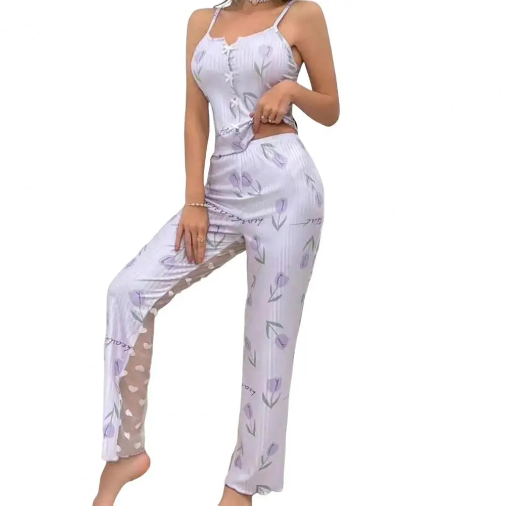 2 pçs/set feminino colete calças terno arco coração impressão sem mangas shirring borda superior malha retalhos calças homewear roupa de dormir